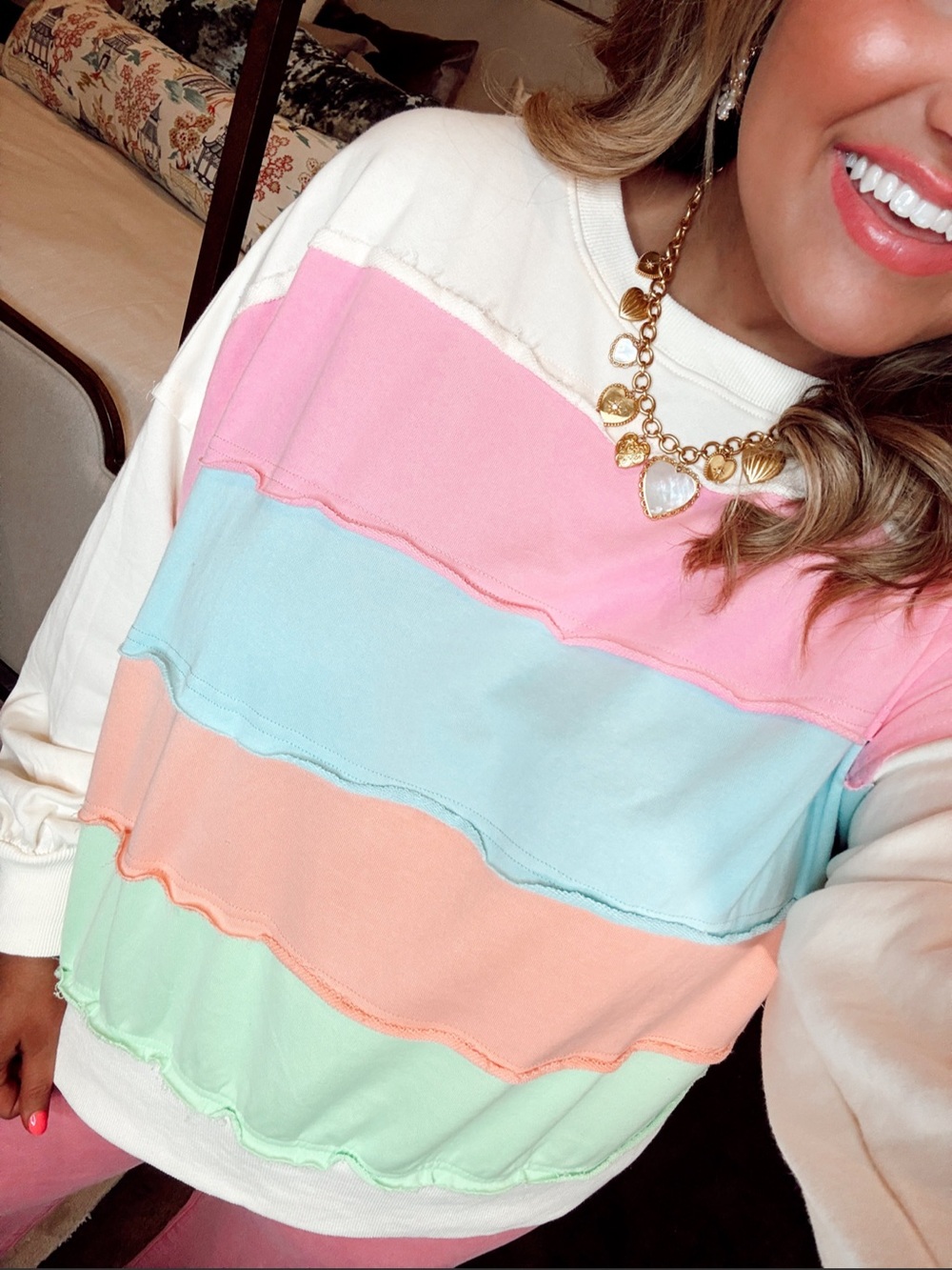 Peach Love California Pastel Ruffle Stripe Sweatshirt - Pink, Blue, Peach, Mint
